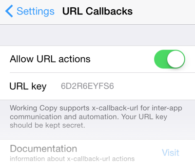 Screenshot with URL callback settings including key.